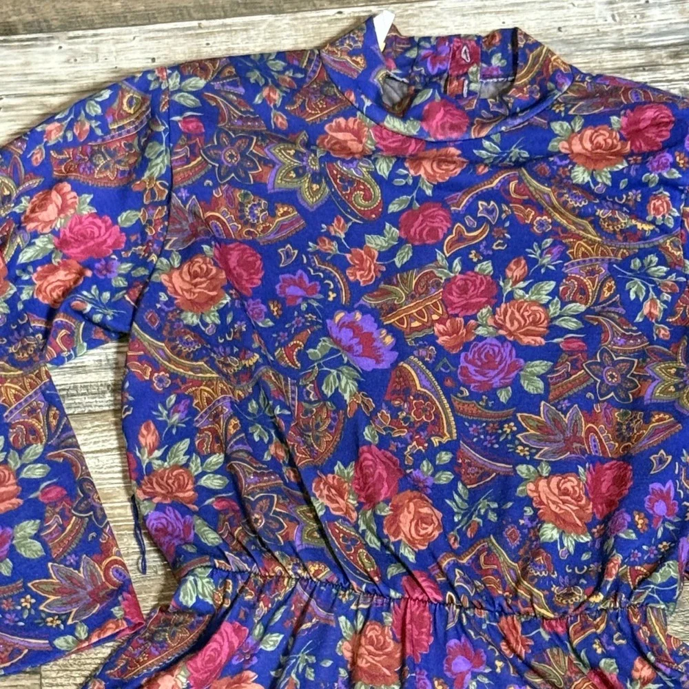 Boho Cottagecore Vibes Floral Paisley Midi Dress Long Sleeve Vintage USA Size 10